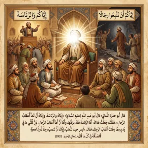 عن أبي حمزة الثمالي قال : قال أبو عبد الله عليه‌السلام : إياك والرئاسة ، وإياك أن تطأ أعقاب الرجال. فقلت : جعلت فداك أما الرئاسة فقد عرفتها ، وأما أن أطأ أعقاب الرجال فما ثلثا ما في يدي إلا مما وطأت أعقاب الرجال. فقال : ليس حيث تذهب ، إياك أن تنصب رجلا دون الحجة فتصدقه في كل ما قال.
